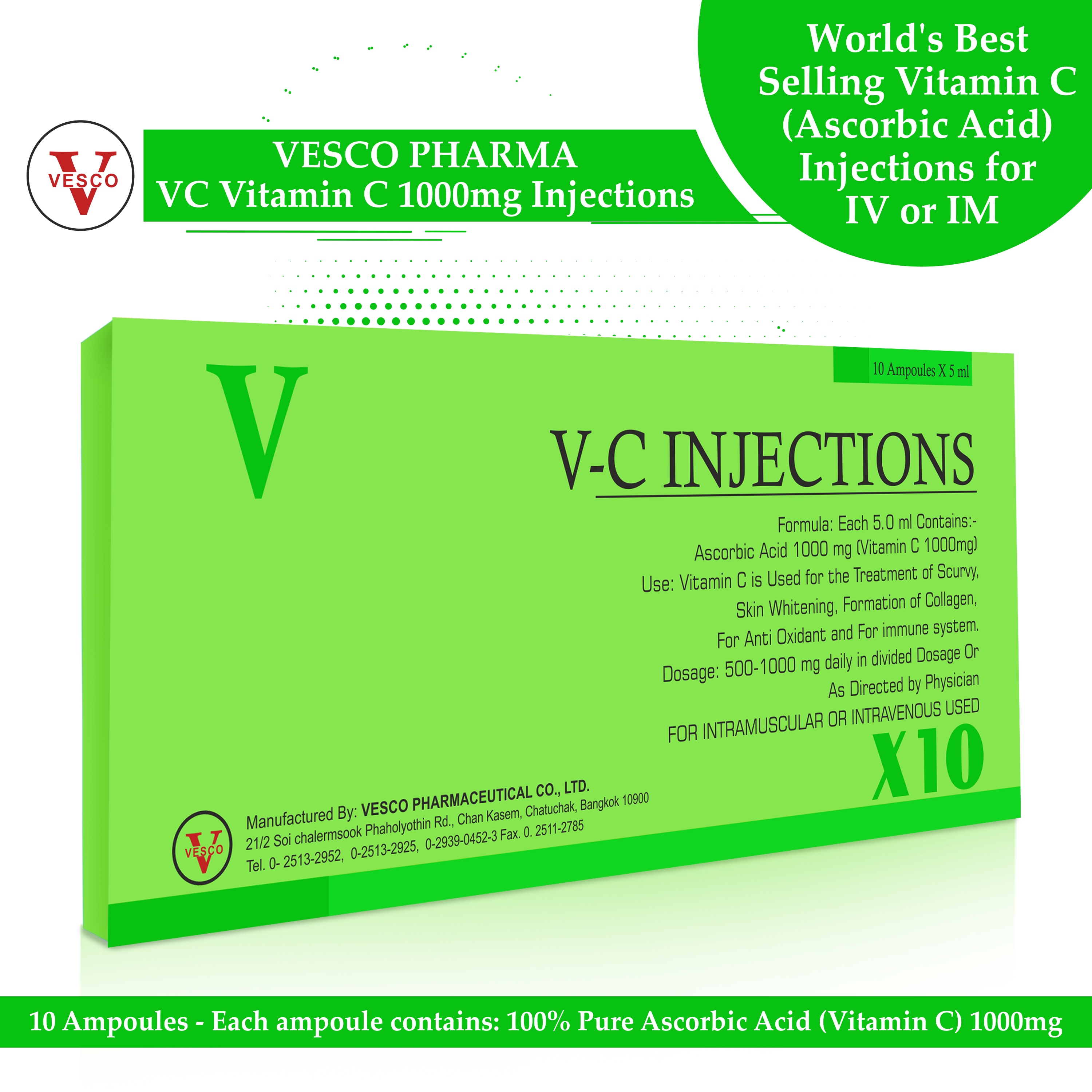 Vitamin C 1000mg Injections 10 Ampoules